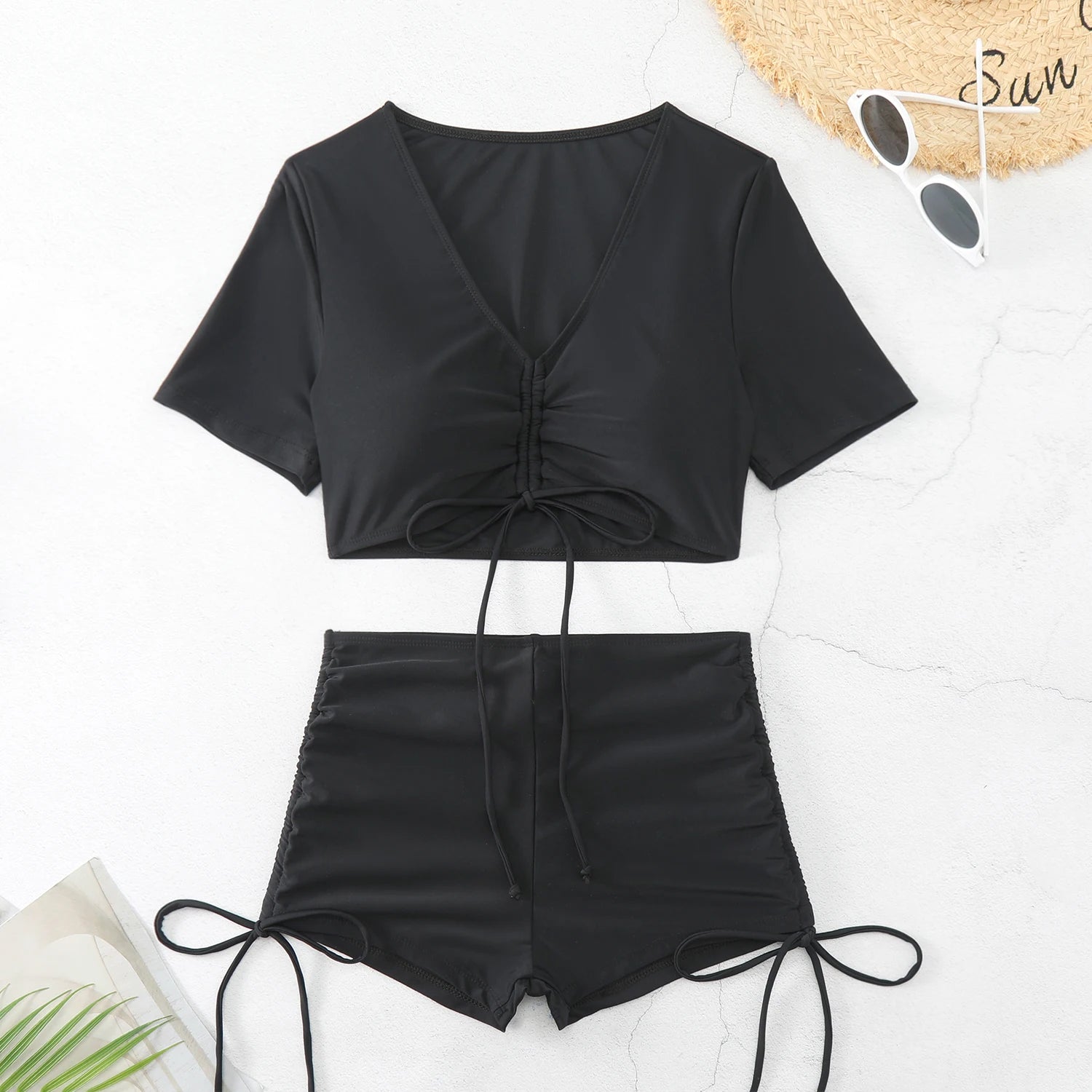 Ruched Tie-Front Bikini Set with High-Waist Bottoms