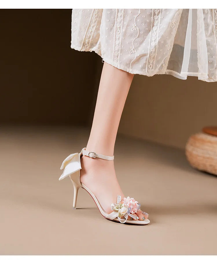 Floral Bow Ankle Strap Heels