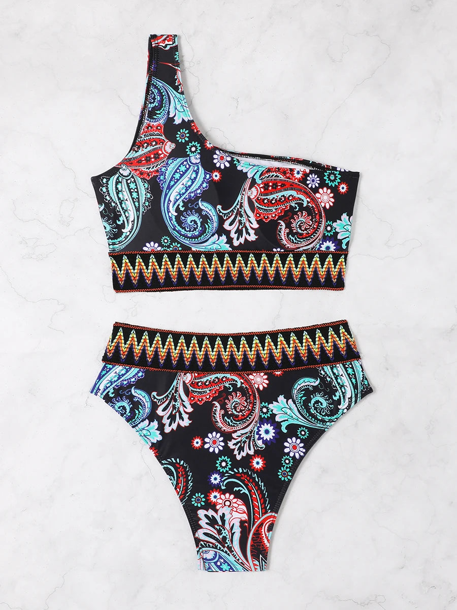 Paisley One-Shoulder Bikini Set