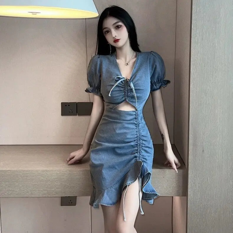 Lace-Up Cutout Denim Mini Dress