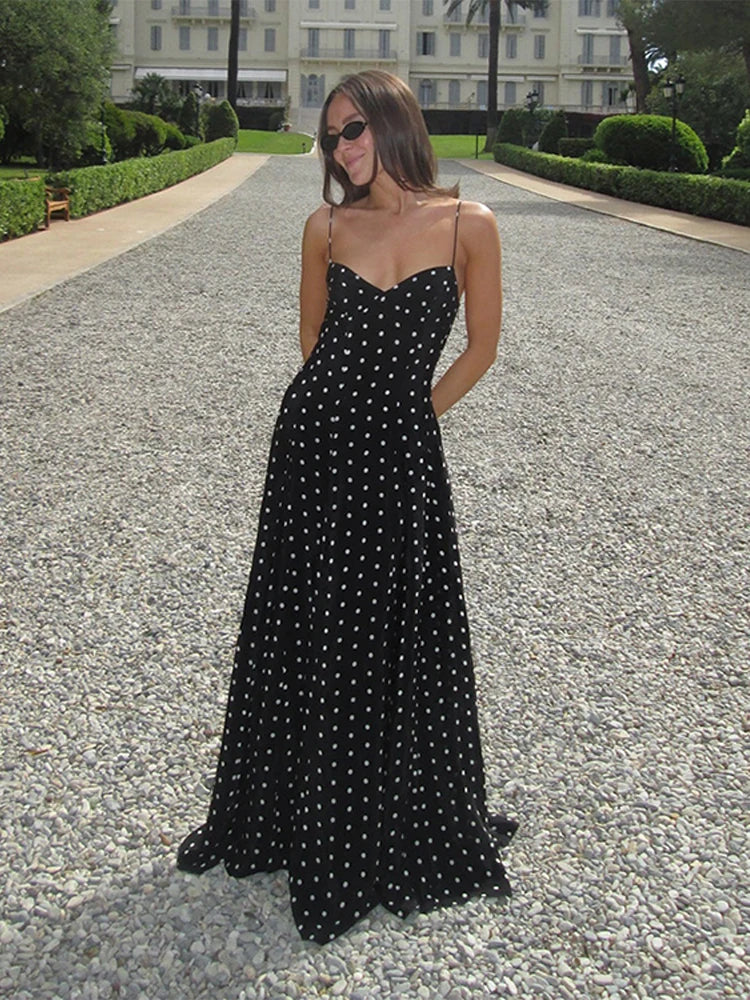 Midnight Polka Dot Ruffle Maxi Dress