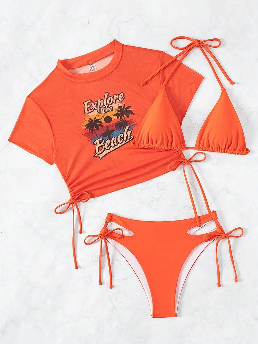 Mesh Crop Top Bikini Set