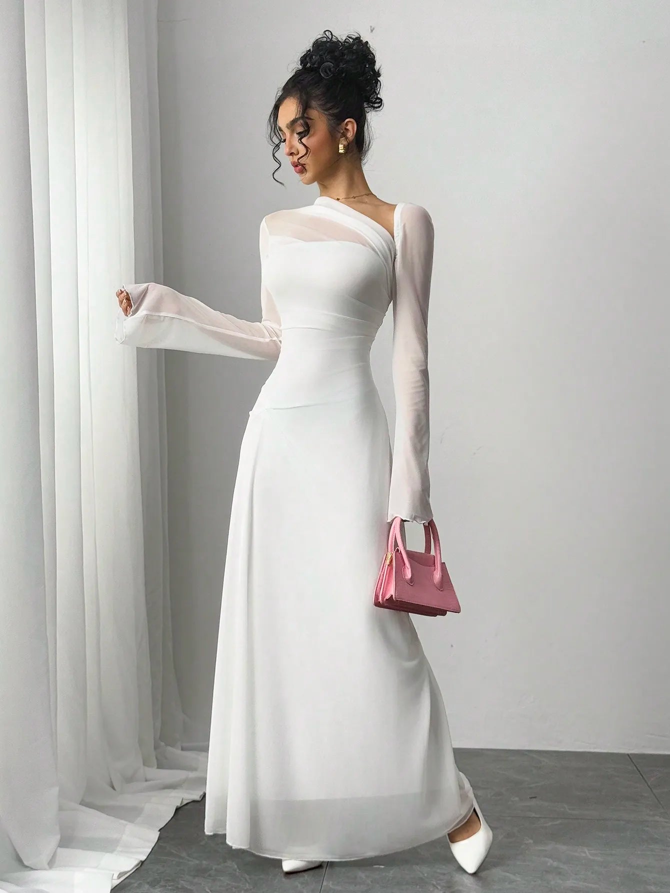 Asymmetrical Sheer Sleeve Evening Gown