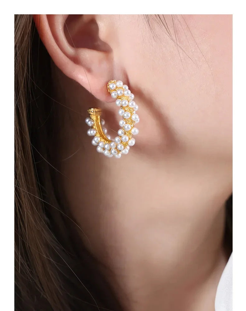 Pearl Cluster Hoop Earrings