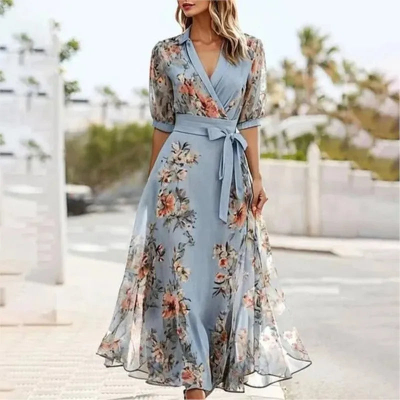 Elegant Floral Wrap Dress with Belt & Sheer Sleeves