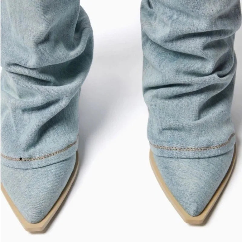 Distressed Denim Pointed Boots