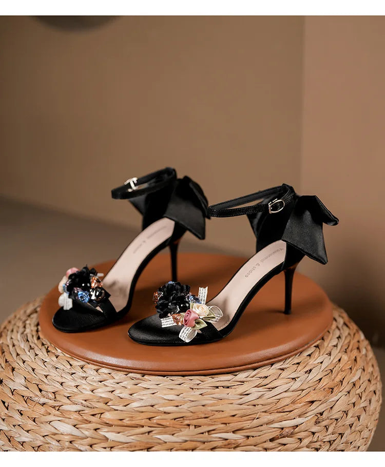 Floral Bow Ankle Strap Heels