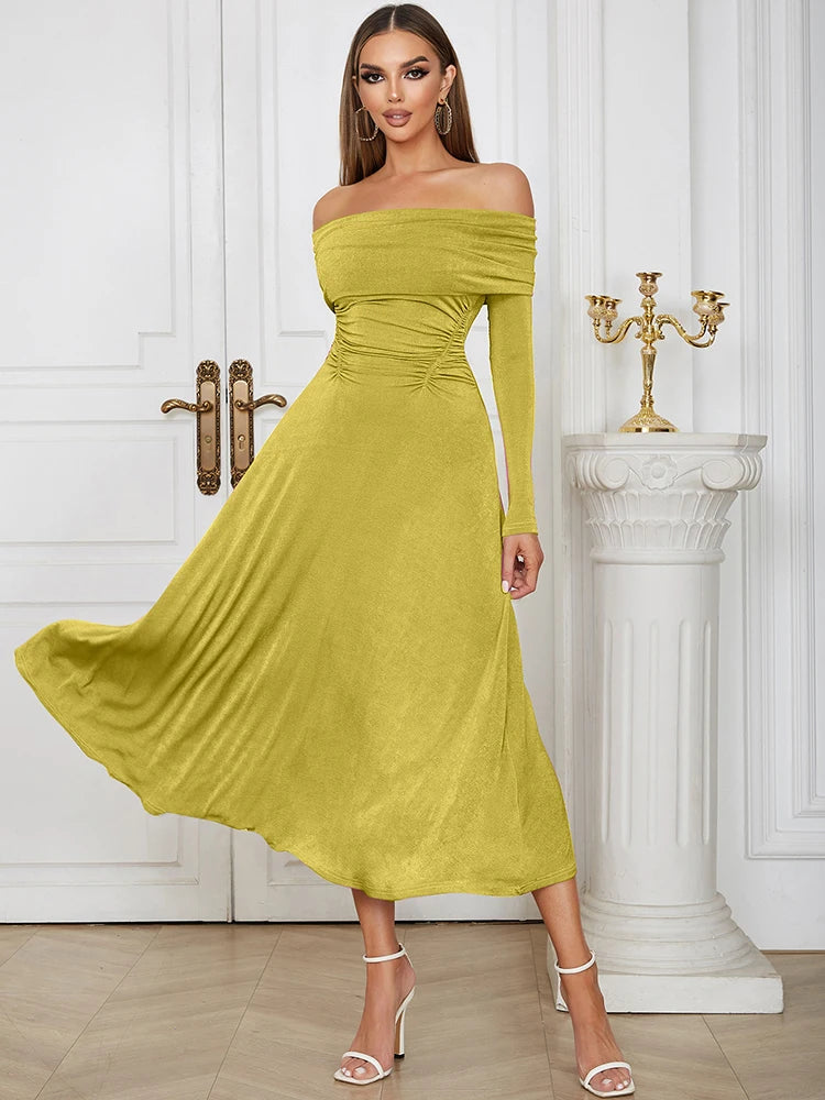 Off-Shoulder Long Sleeve Midi Dress