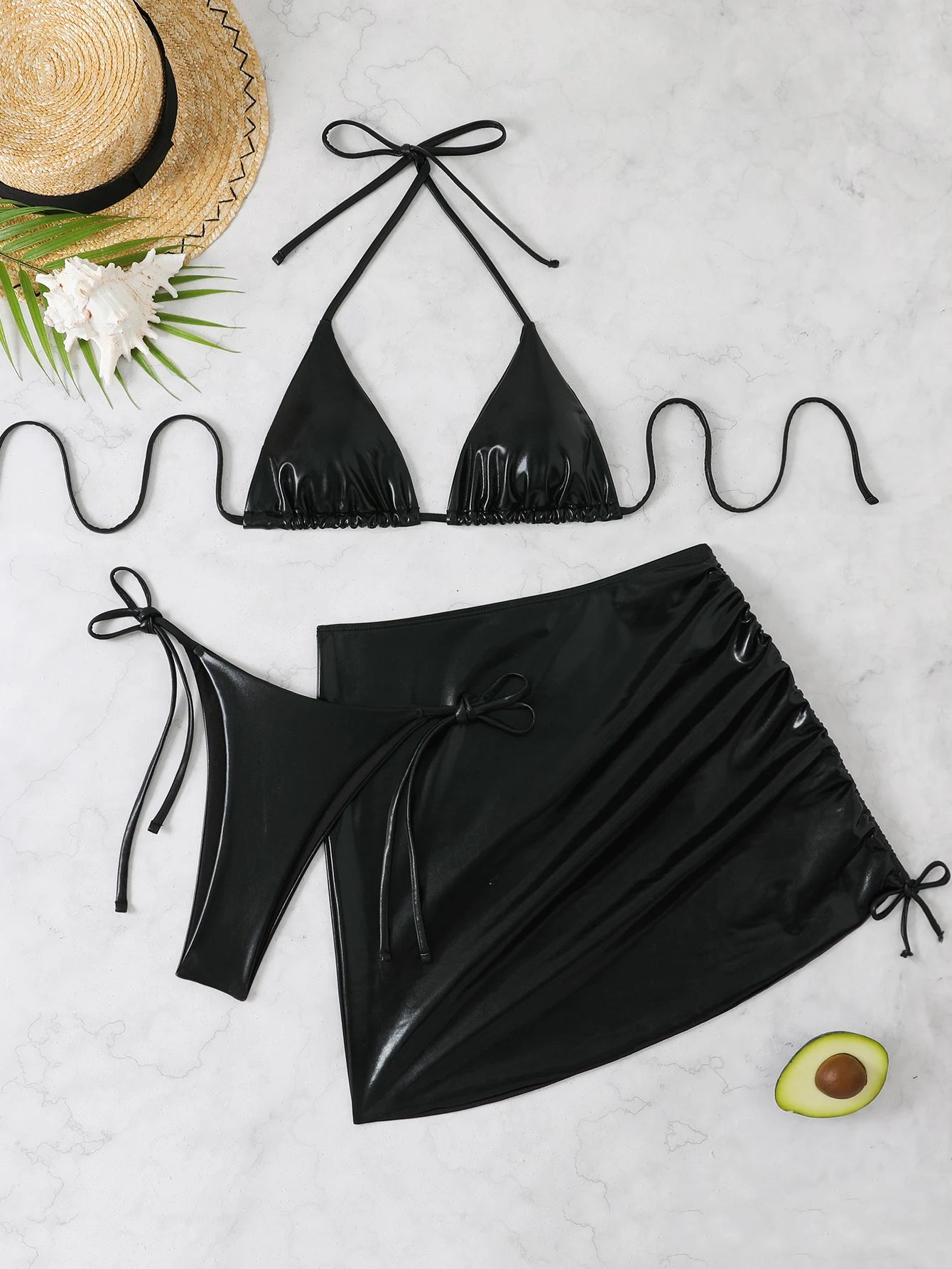 Glossy Triangle Bikini with Ruched Skirt