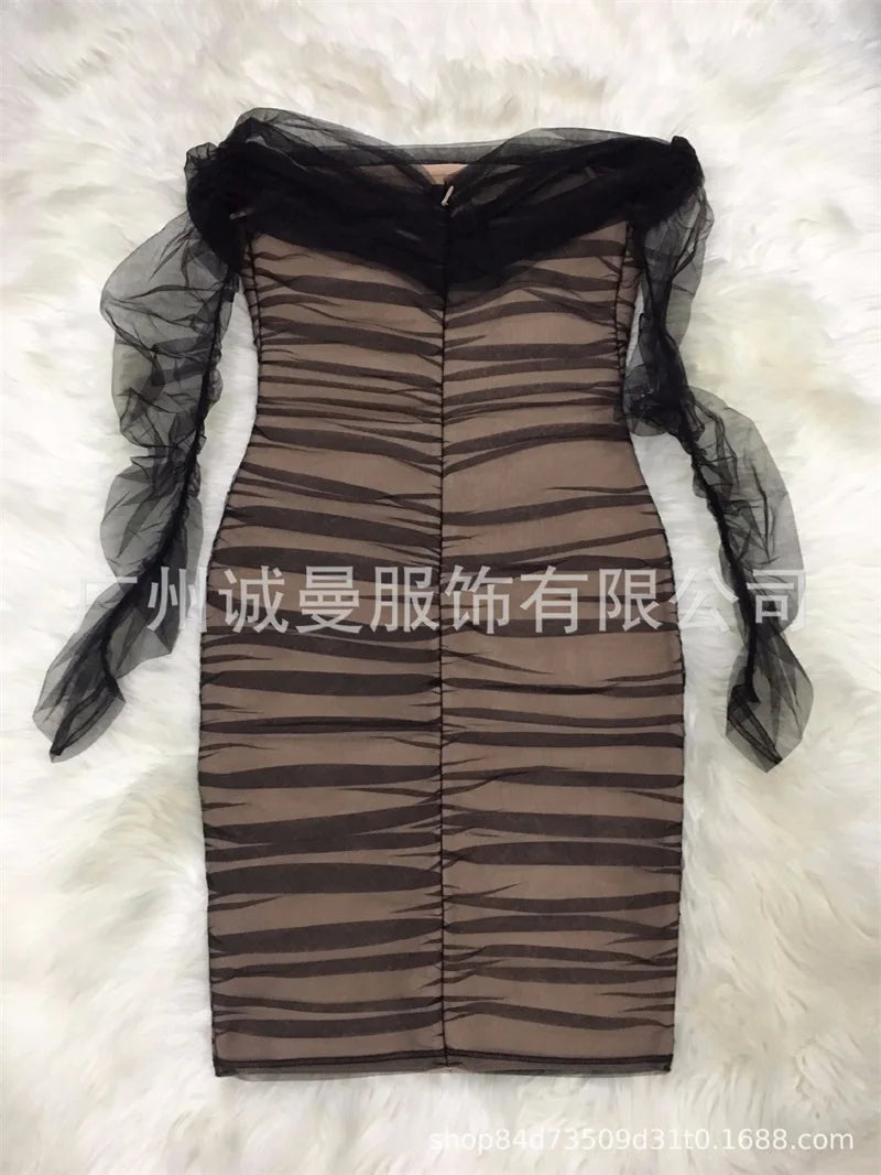 Off-Shoulder Mesh Ruched Bodycon Dress
