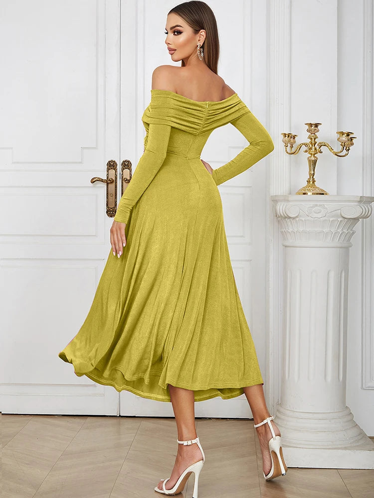 Off-Shoulder Long Sleeve Midi Dress