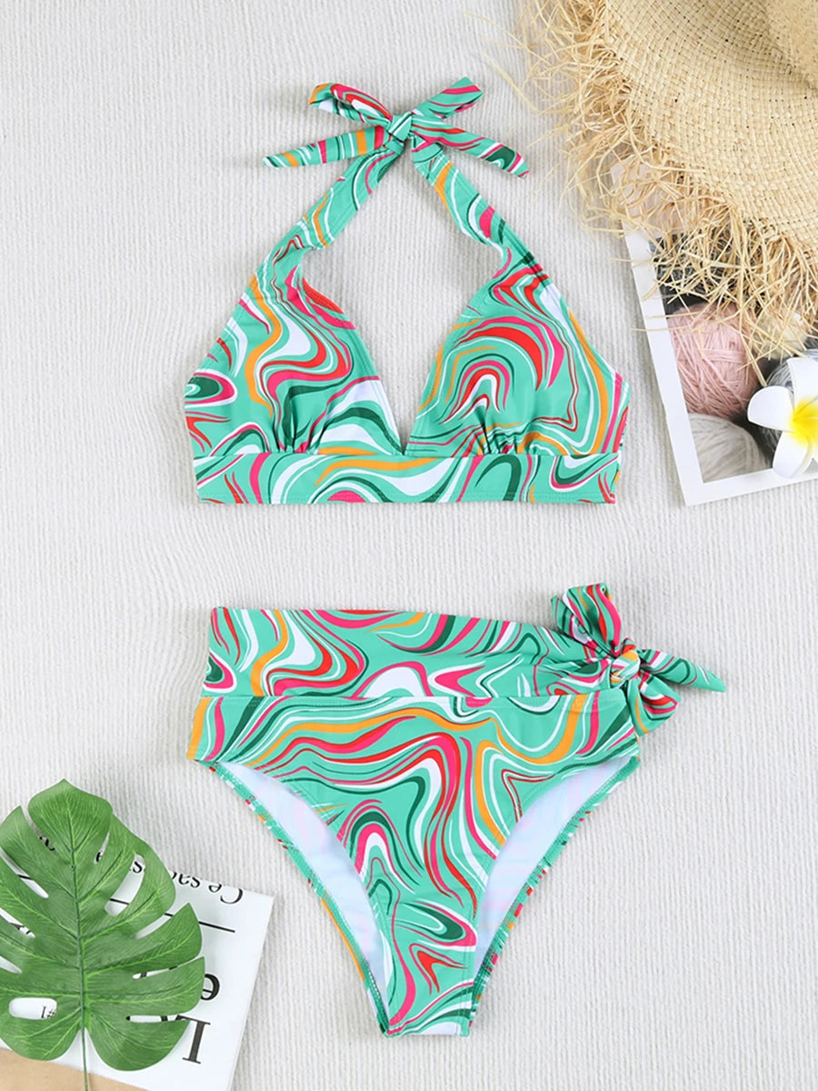 Swirl High-Waist Halter Bikini Set