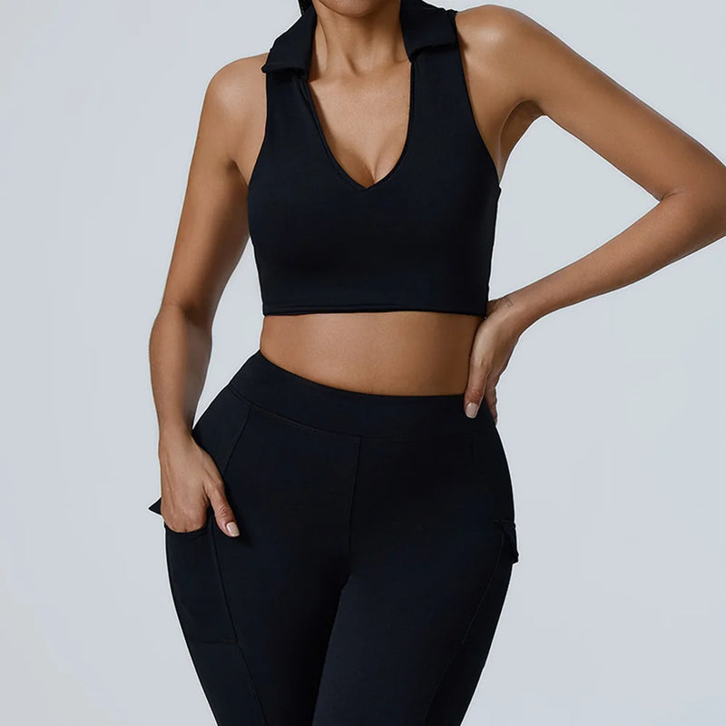 Collared V-Neck Crop Top & Pocket Leggings Set