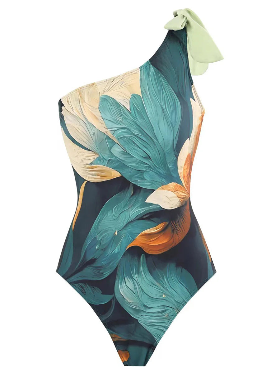 One-Shoulder Tropical Print Skirt Set