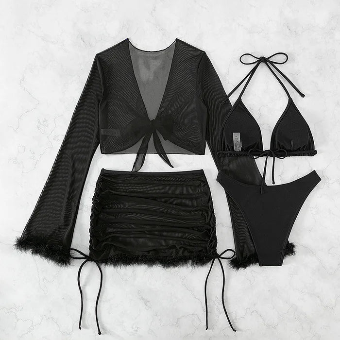 Sheer Feather Trim Bikini Cover-Up Set