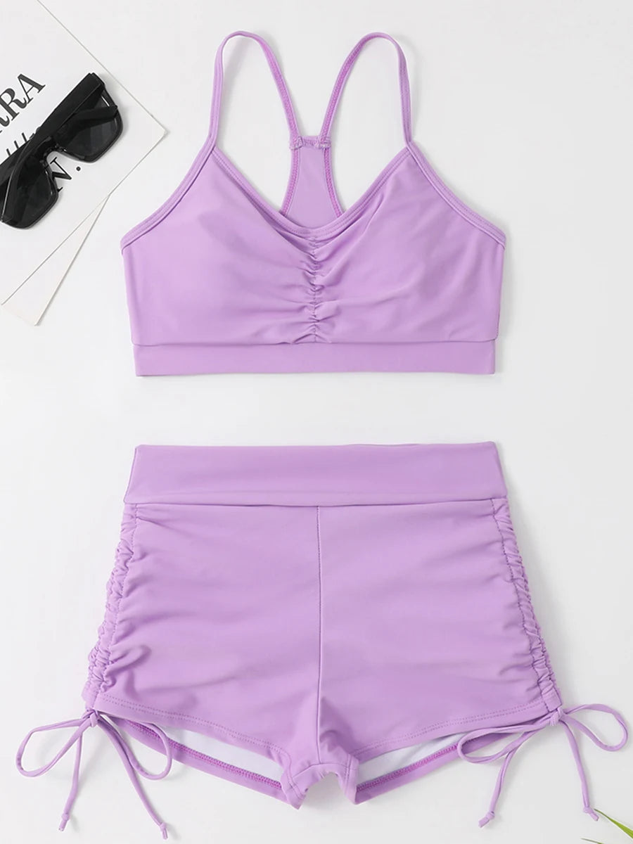 Striped Drawstring Bikini Set with Shorts