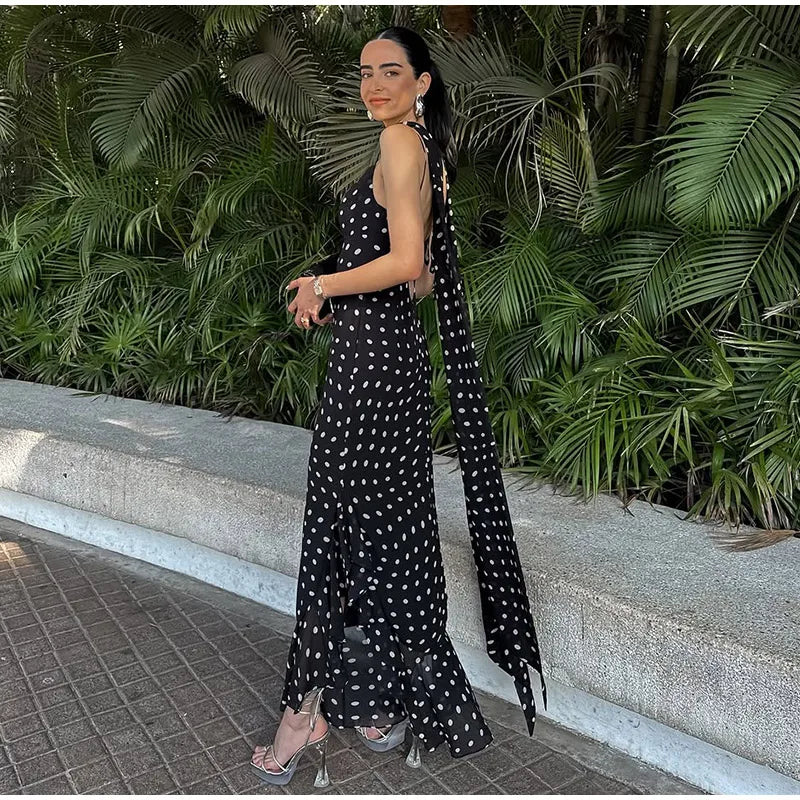 Midnight Polka Dot Ruffle Maxi Dress