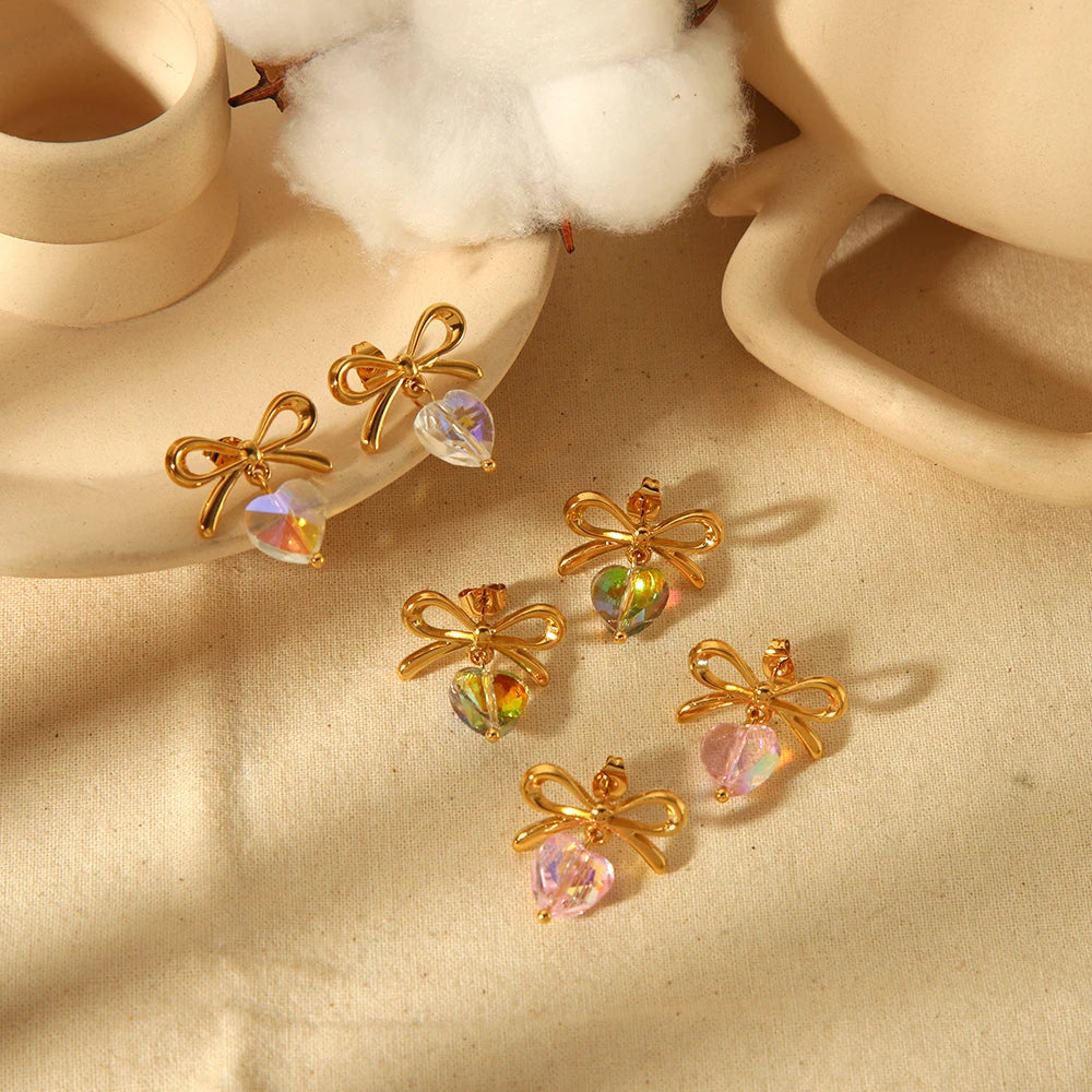 Crystal Heart Bow Stud Earrings