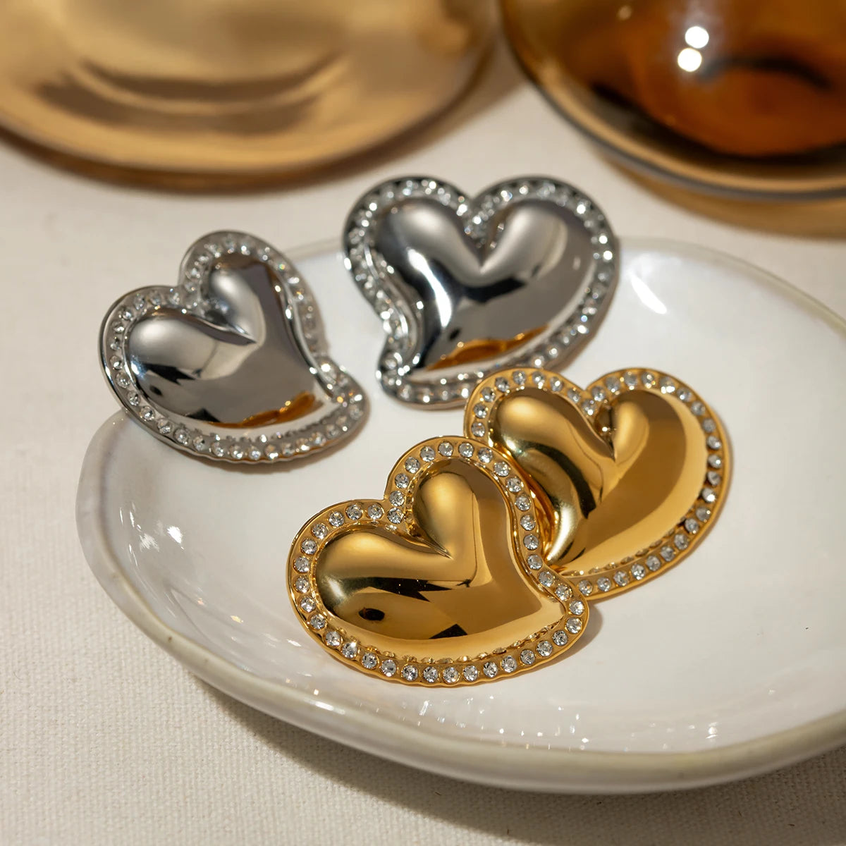 Puffed Heart Pavé Stud Earrings