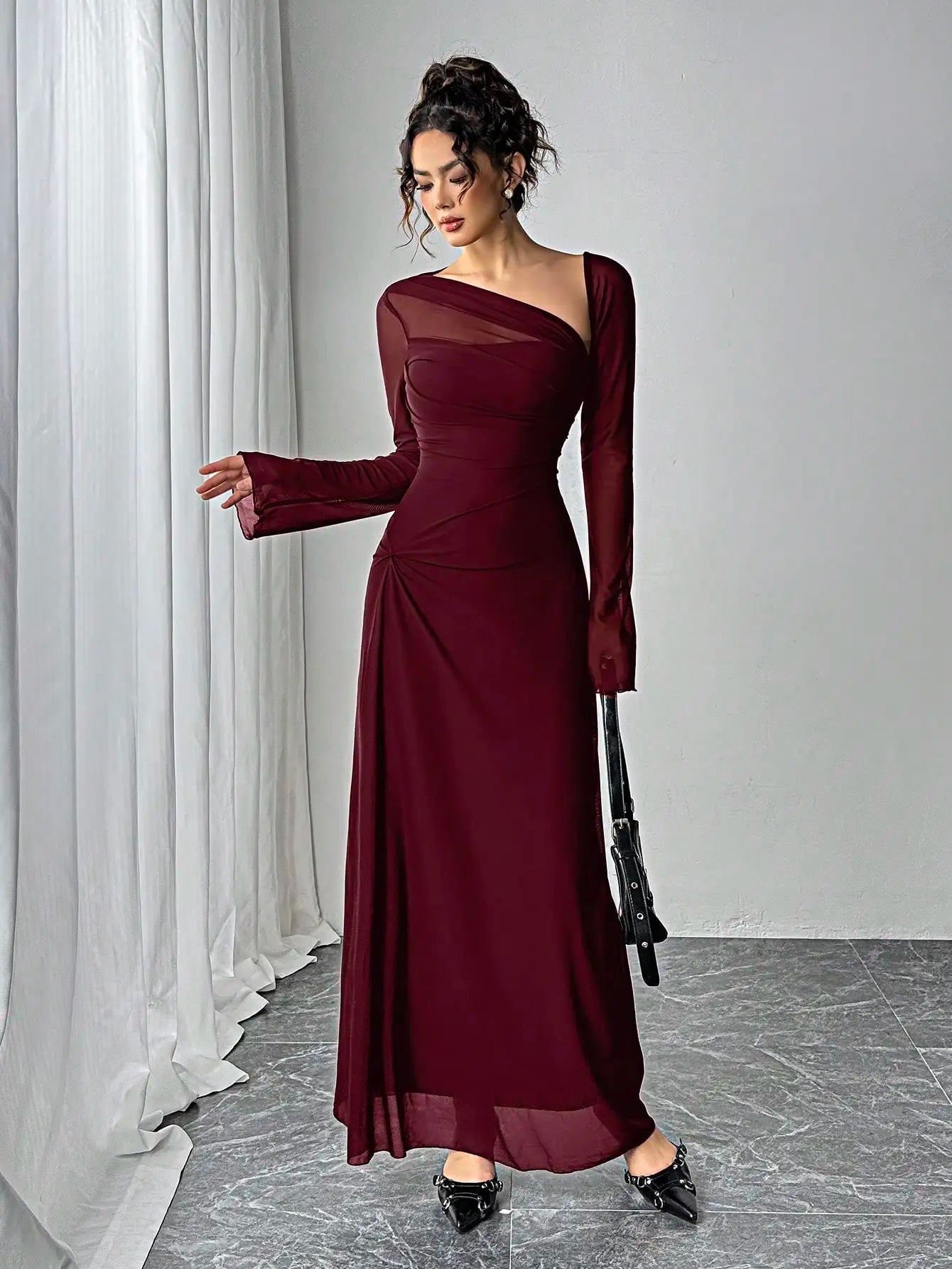 Asymmetrical Sheer Sleeve Evening Gown