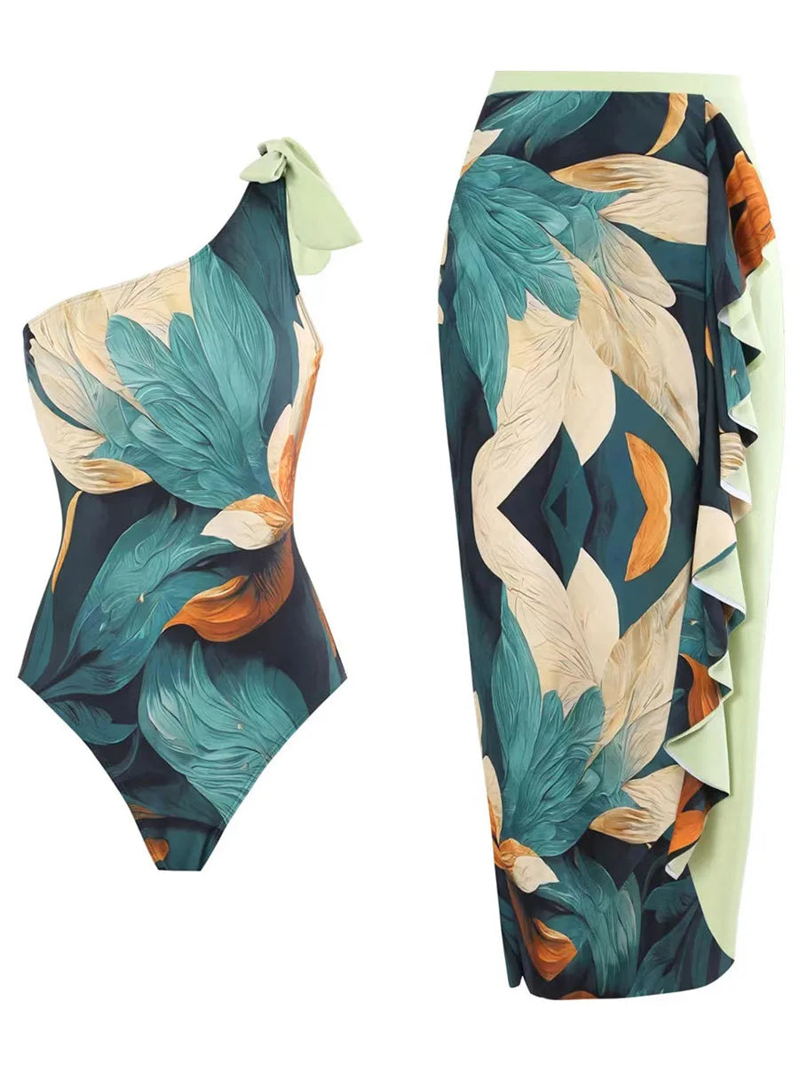 One-Shoulder Tropical Print Skirt Set