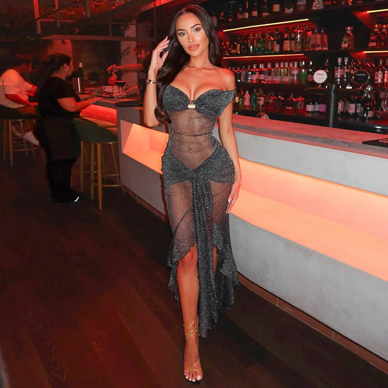 Sheer Glitter Cutout Maxi Dress