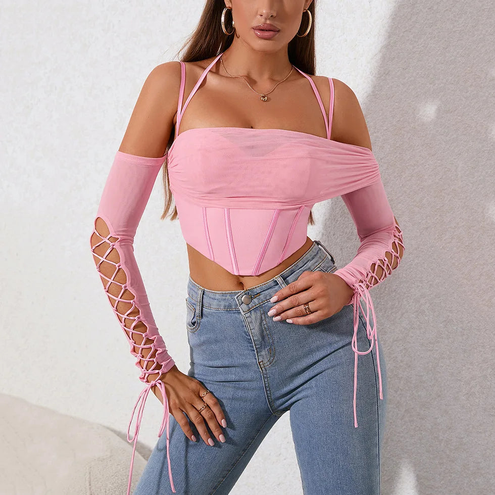 Lace-Up Sleeve Mesh Corset Top