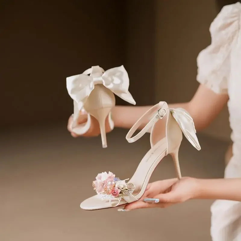 Floral Bow Ankle Strap Heels
