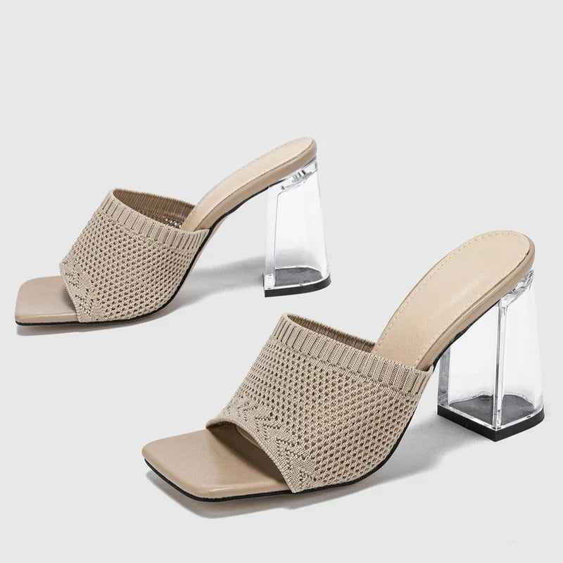 Clear Block Heel Knit Sandals