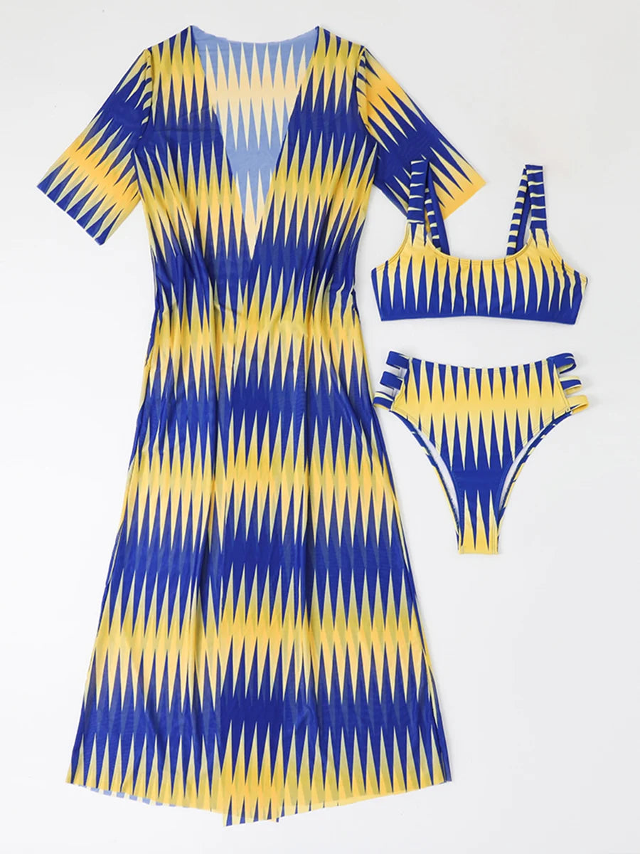 Geometric Print Three-Piece Swimsuit Set