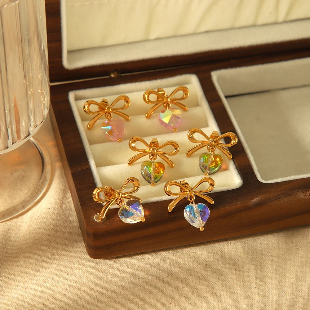 Crystal Heart Bow Stud Earrings