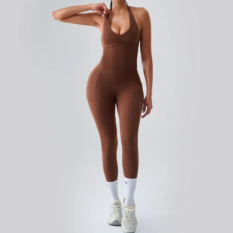 Halter Neck Pocket Athletic Jumpsuit