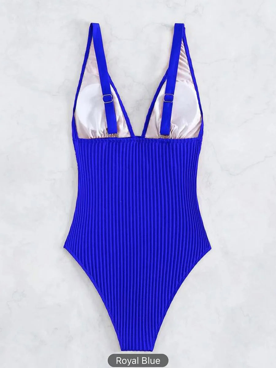 Ribbed V-Neck One-Piece Swimsuit