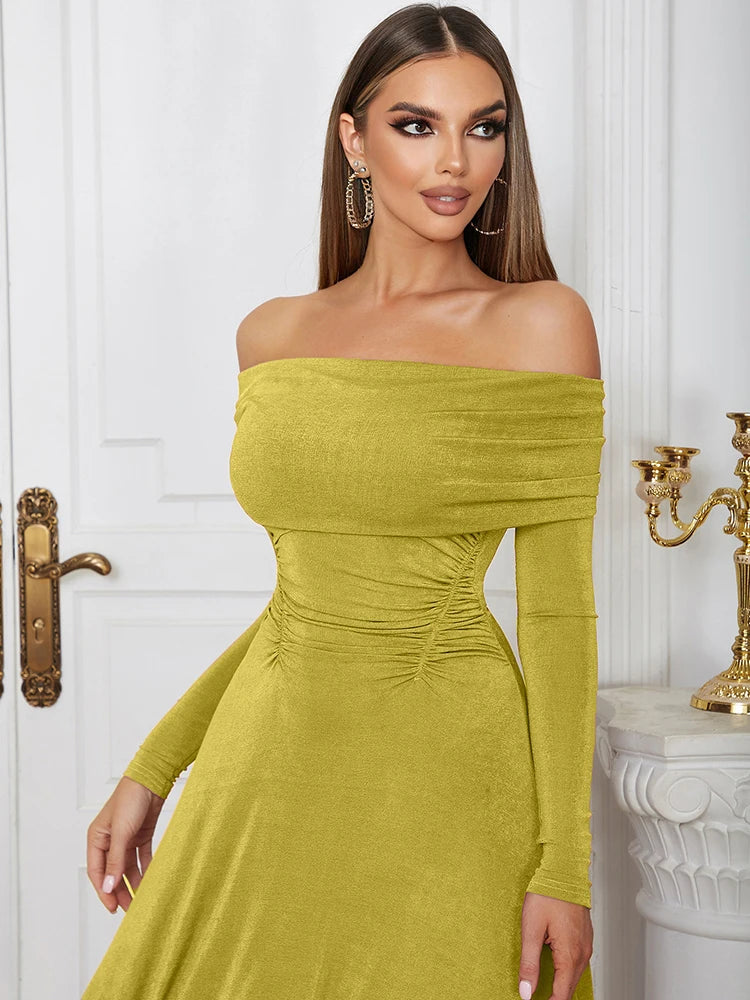 Off-Shoulder Long Sleeve Midi Dress