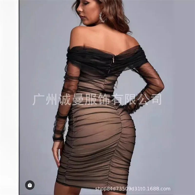 Off-Shoulder Mesh Ruched Bodycon Dress