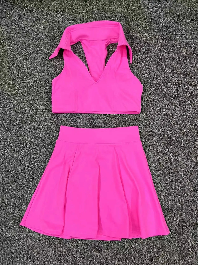 Collared Halter Tennis Skirt Set