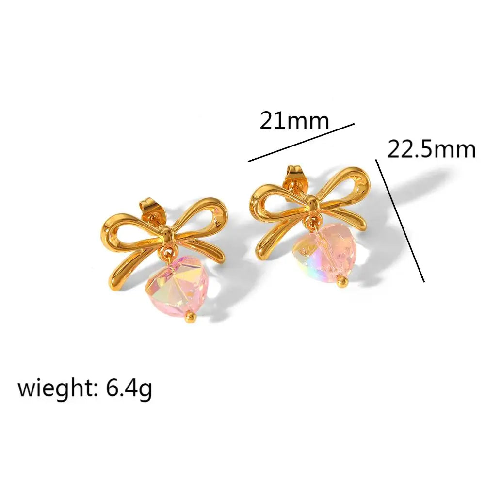 Crystal Heart Bow Stud Earrings