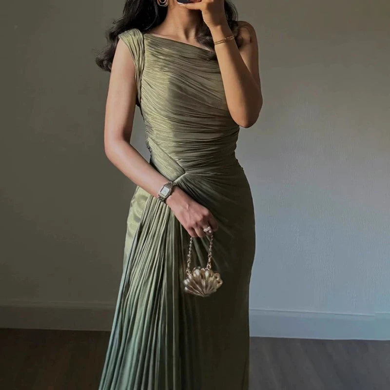 Elegant Olive Green One-Shoulder Draped Evening Gown