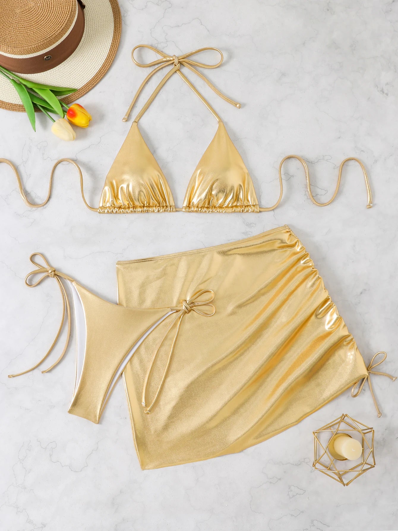Glossy Triangle Bikini with Ruched Skirt