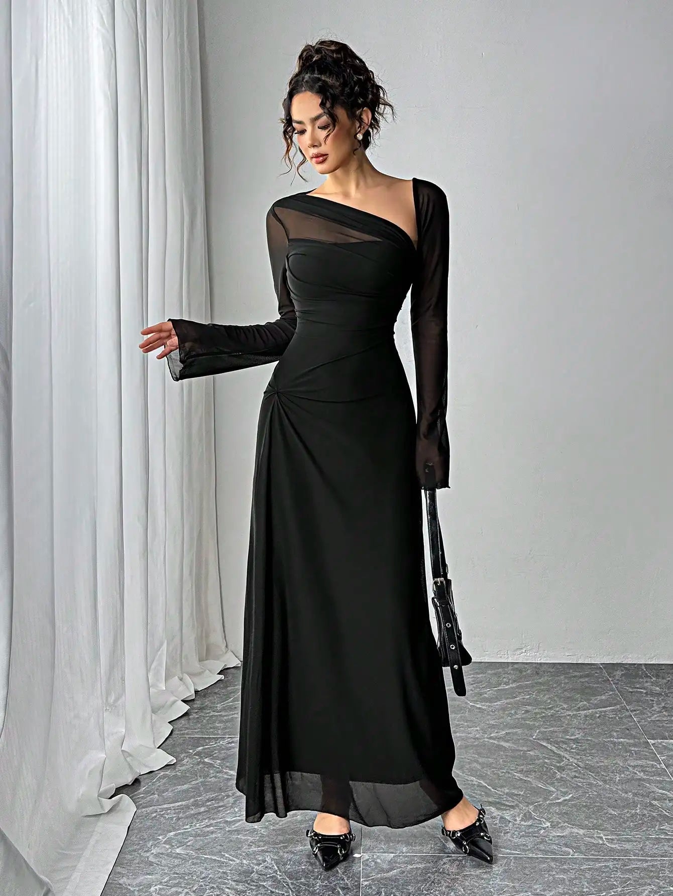 Asymmetrical Sheer Sleeve Evening Gown