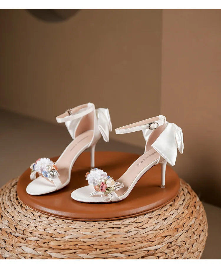 Floral Bow Ankle Strap Heels