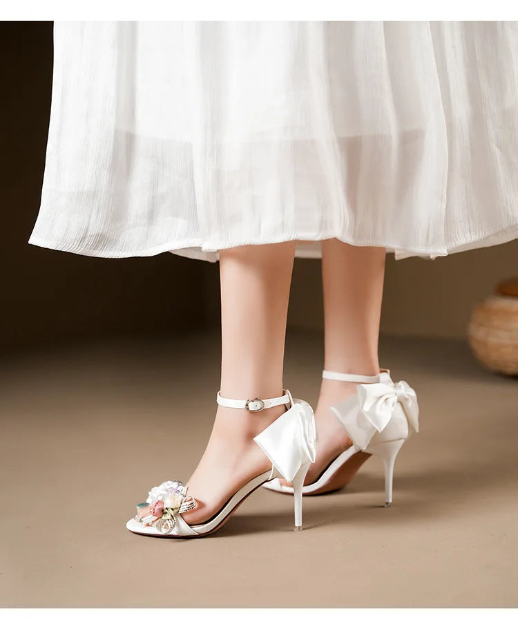 Floral Bow Ankle Strap Heels