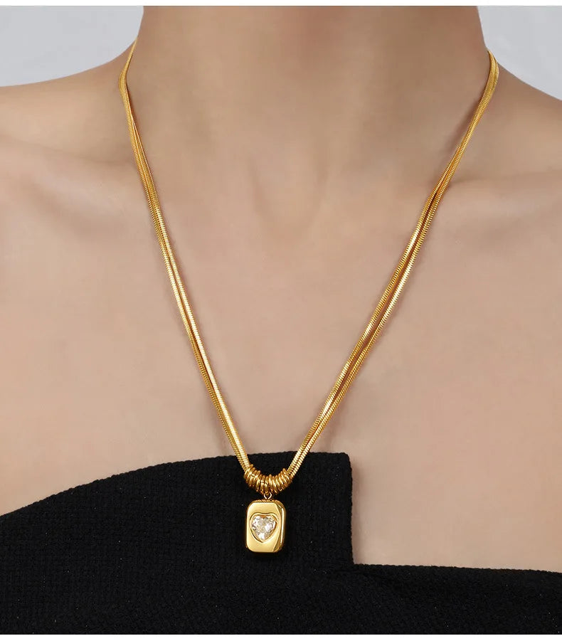 Gold Heart Crystal Pendant Necklace