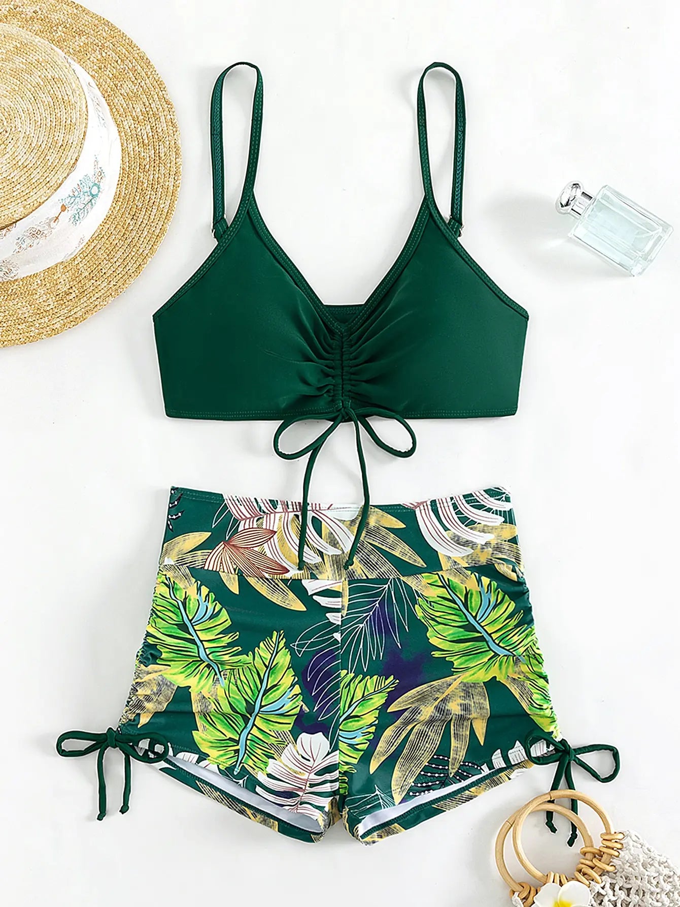 Striped Drawstring Bikini Set with Shorts