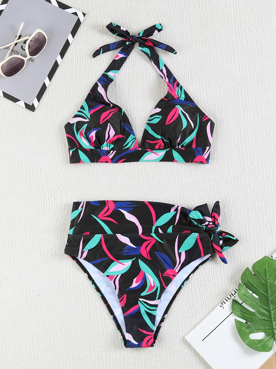Swirl High-Waist Halter Bikini Set