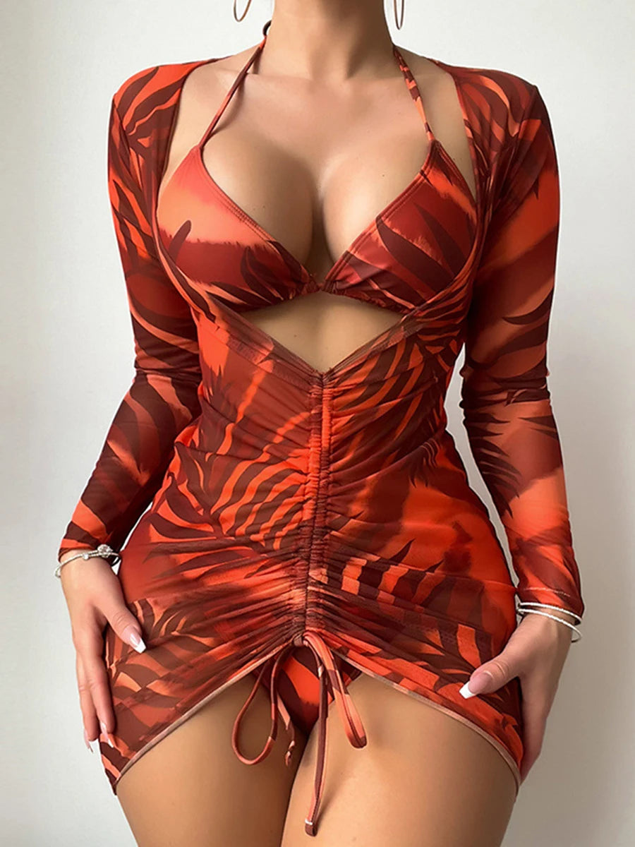 Long Sleeve Cutout Bikini Dress Set