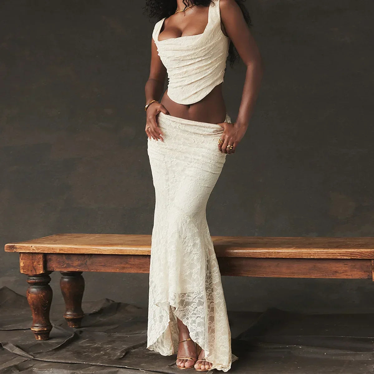 Lace Ruched Two-Piece Maxi Dress