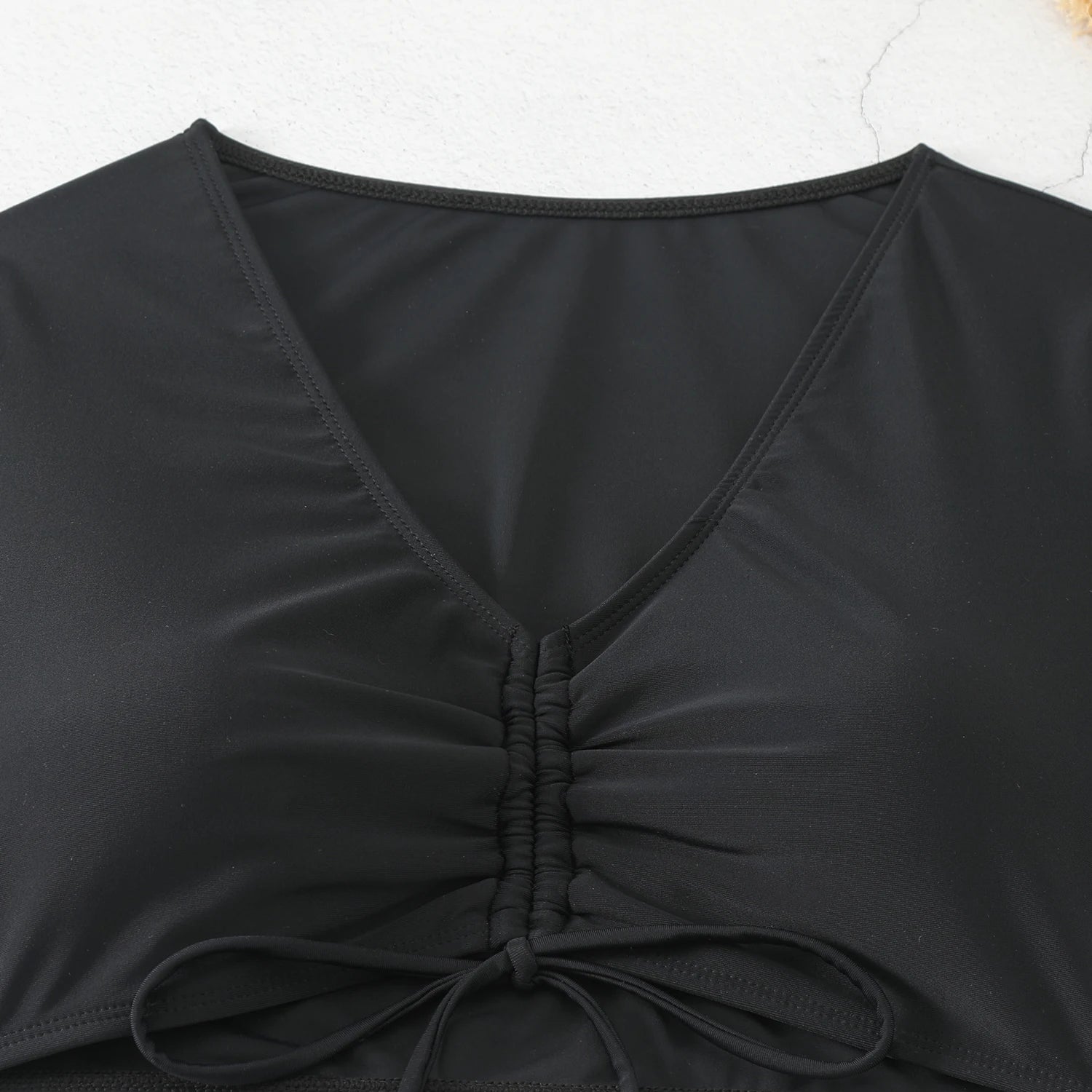 Ruched Tie-Front Bikini Set with High-Waist Bottoms