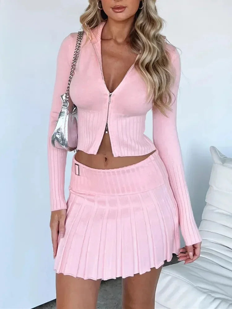 Ribbed Knit Zipper Top & Pleated Skirt Set