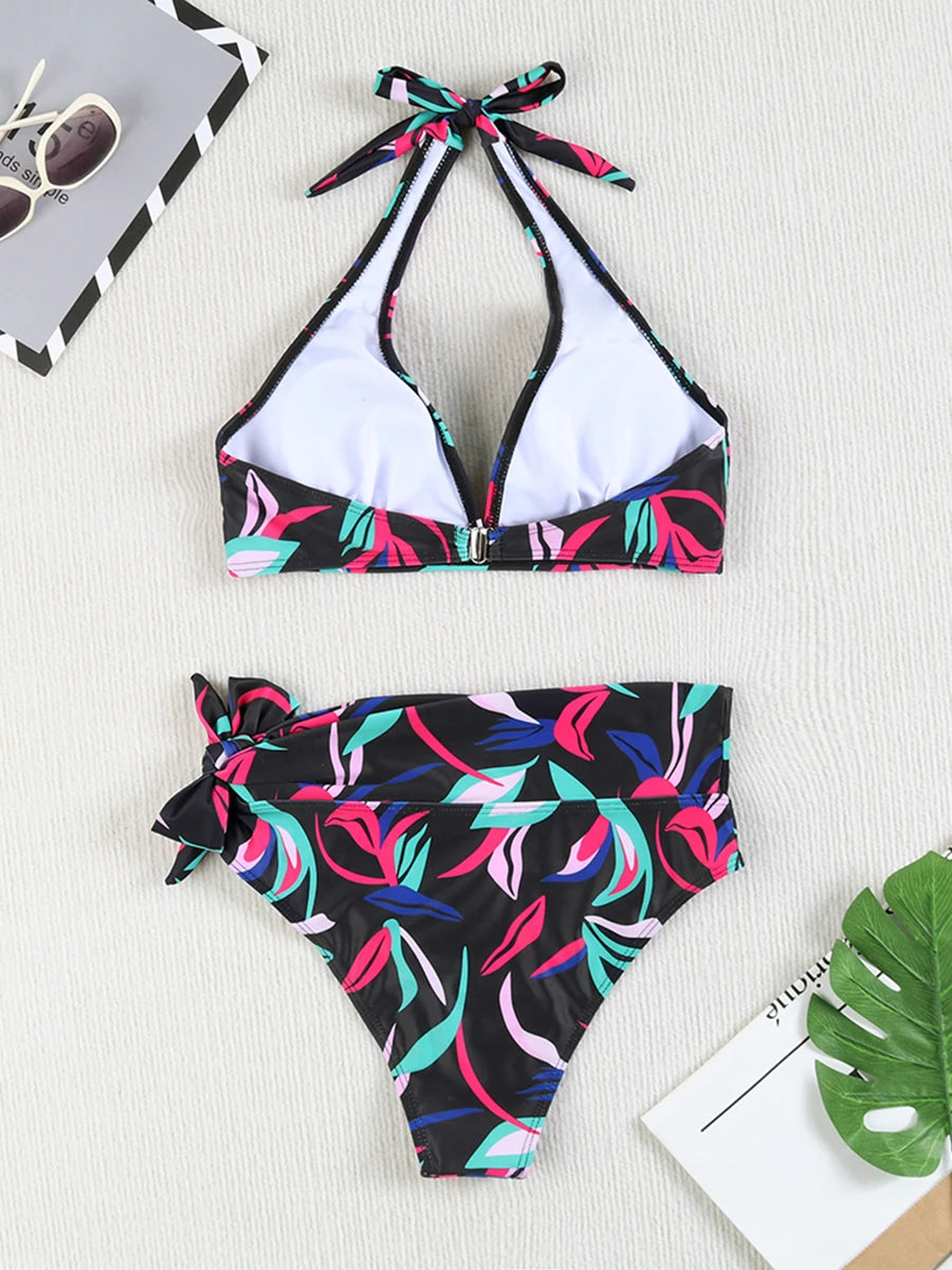 Swirl High-Waist Halter Bikini Set